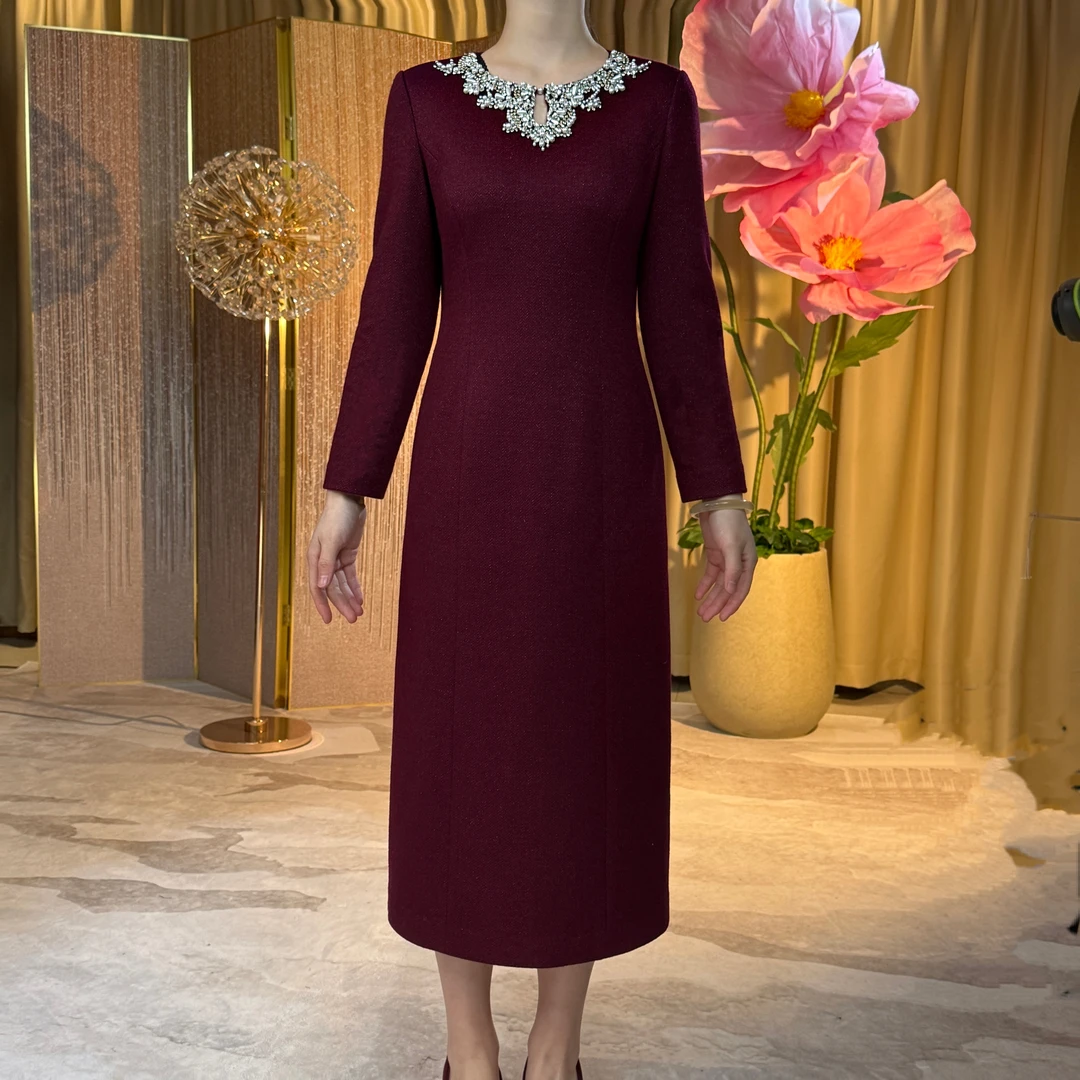 28180喜婆婆礼服连衣裙红色气质显瘦2025冬季新款羊毛连衣裙