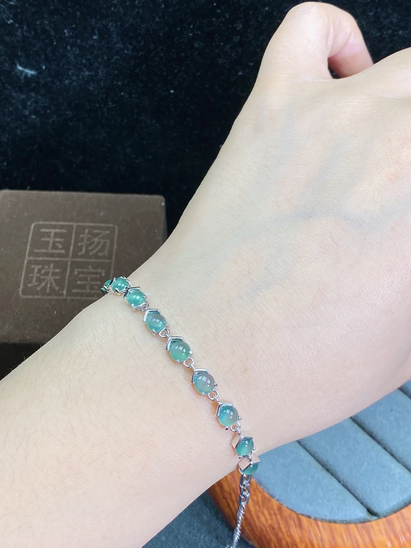 天然翡翠手镯A货蓝冰设计款手链通体S925银镶嵌