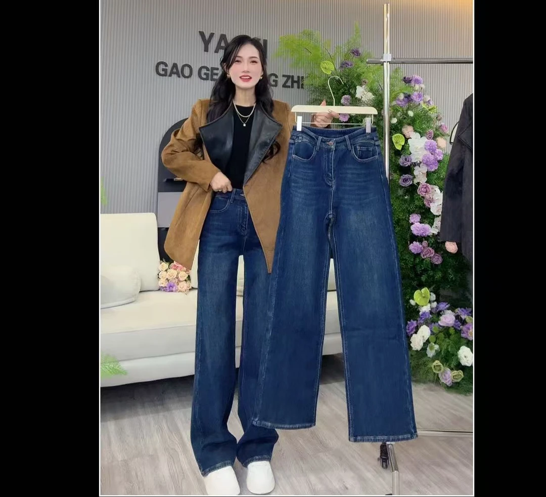 雅希定制~【挺括有型】加绒高腰窄版牛仔裤修身显瘦阔腿裤拖地裤