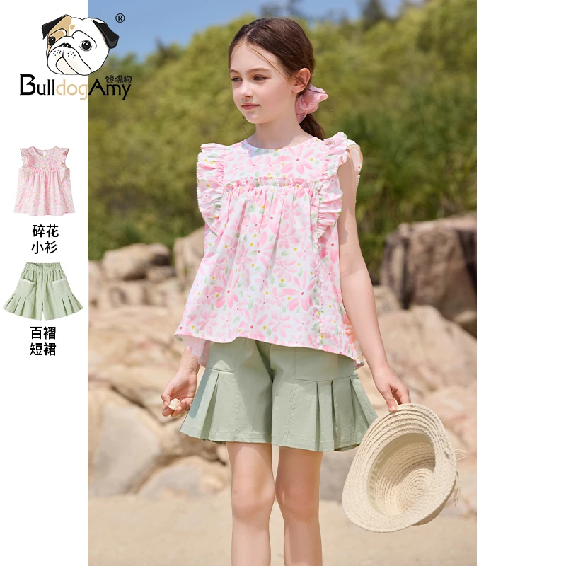 女童套装2025夏装新款洋气儿童碎花无袖上衣百褶短裙两件套中大童