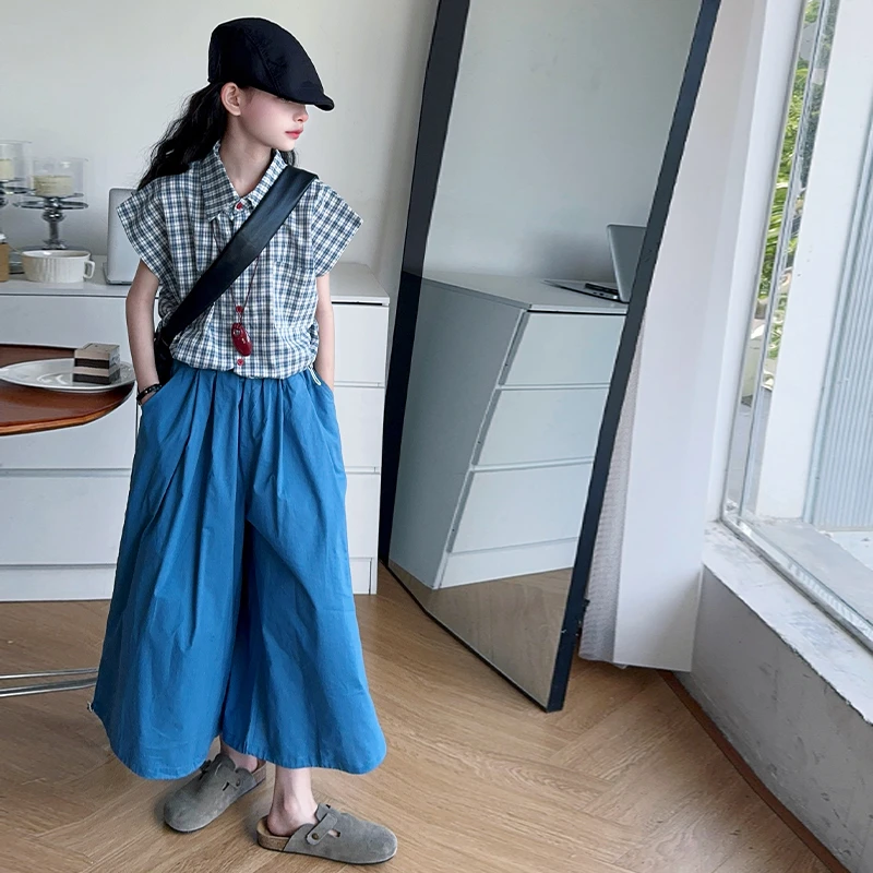 【嘻嘻柚】女童夏季格子衬衫裙裤套装2025新款韩系休闲阔腿裤两件套