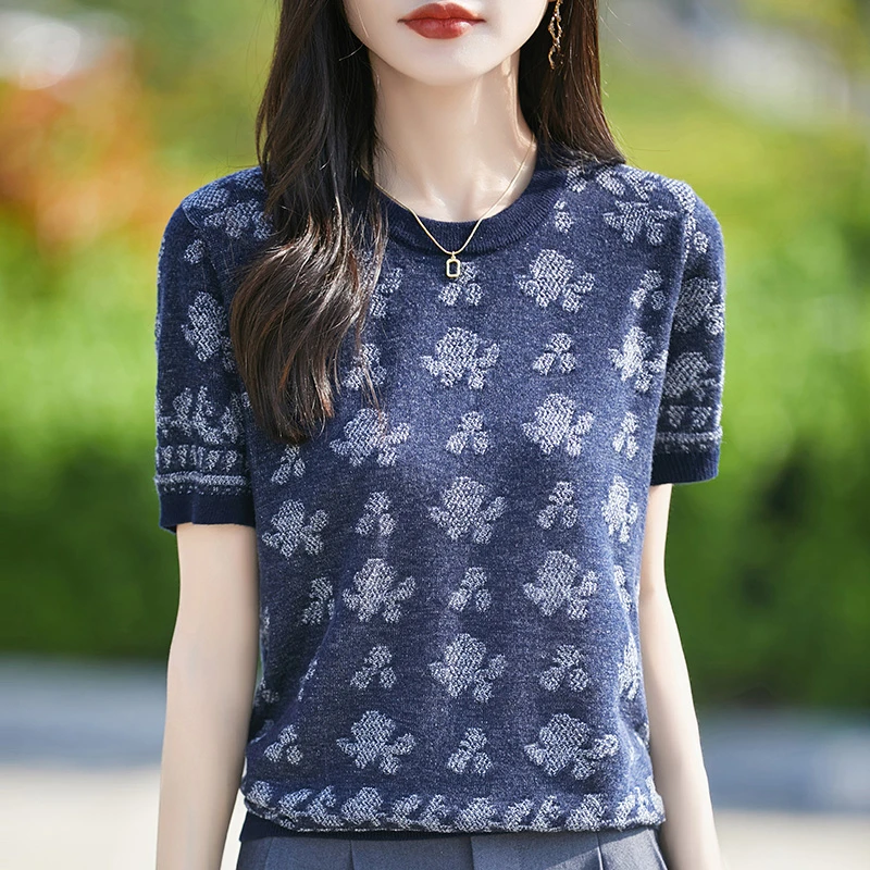 品牌时尚女装夏季圆领短袖针织衫减龄宽松遮肉百搭上衣小衫薄款