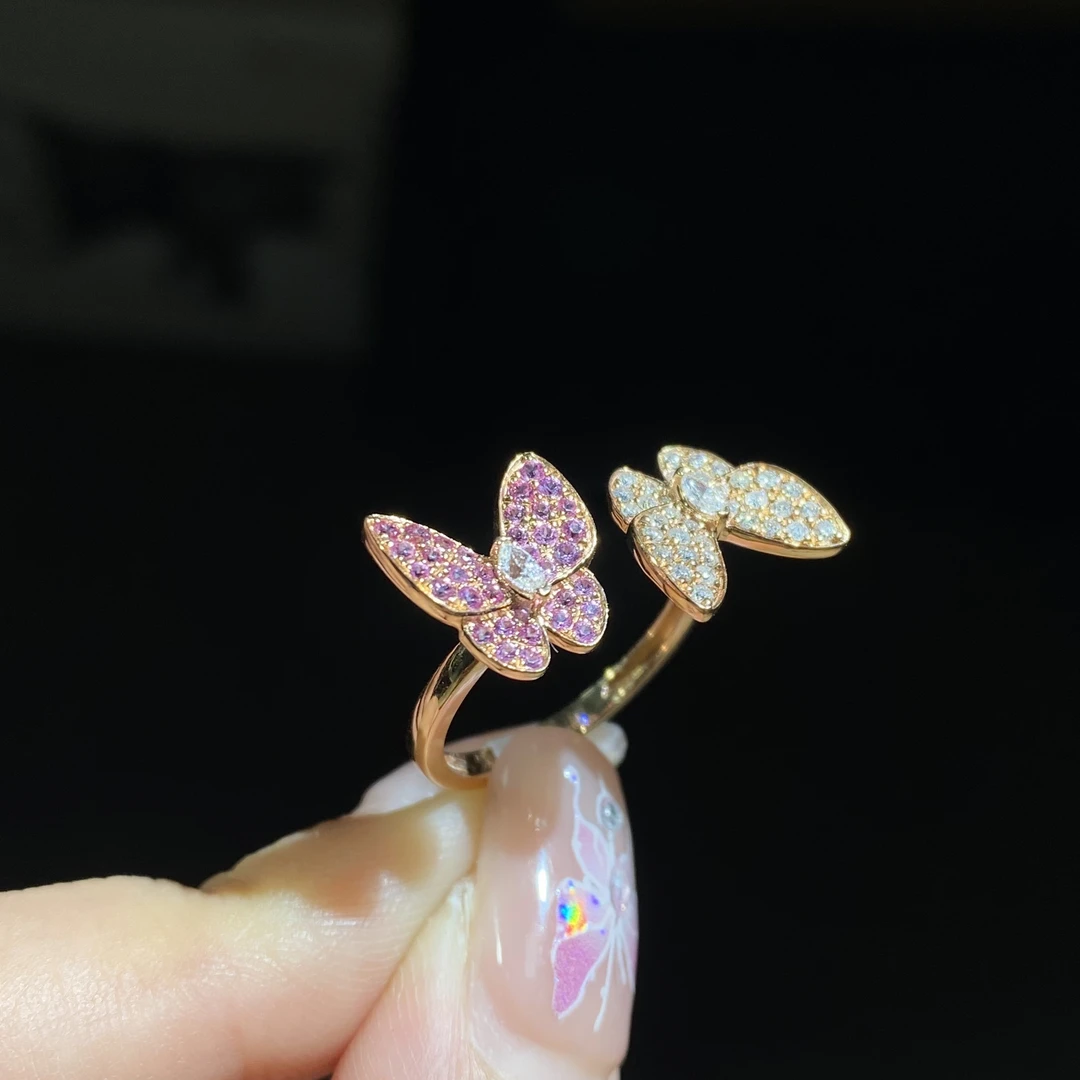 蝴蝶 18K金粉蓝宝戒指