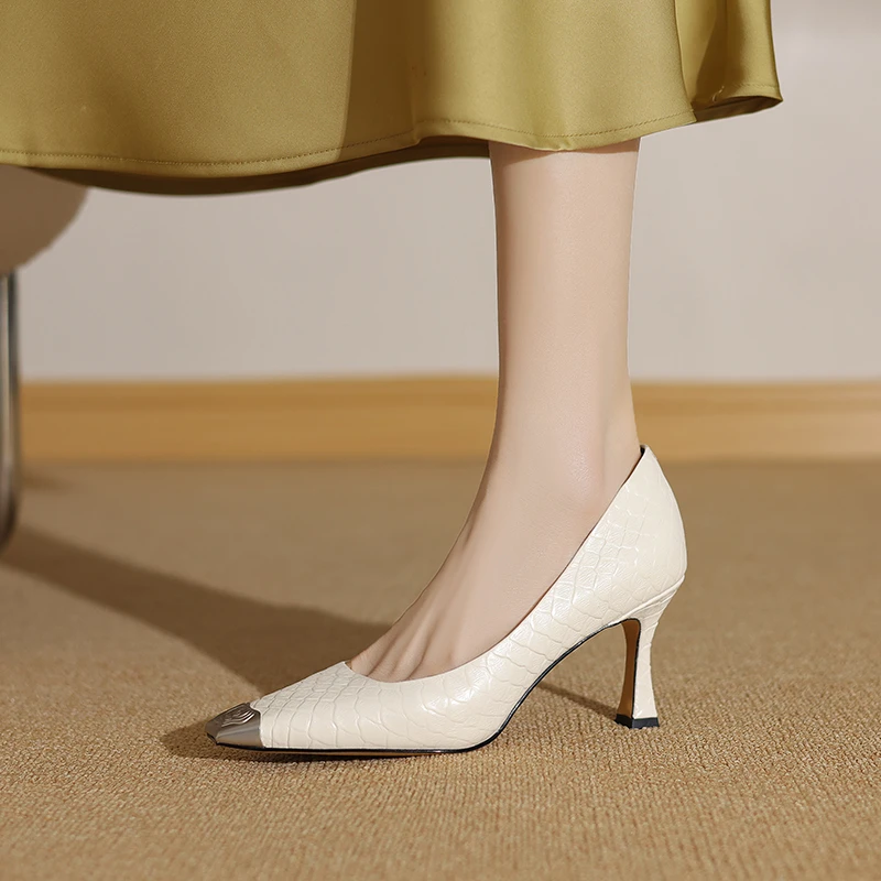 7.5CM名媛风时尚轻奢气质高跟鞋春季新款方头细跟浅口一脚蹬单鞋