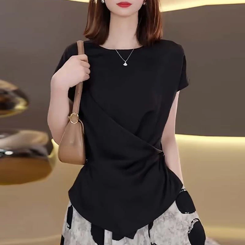 设计感侧边纽扣收腰显瘦短袖t恤女士2025新款夏季不规则圆领上衣
