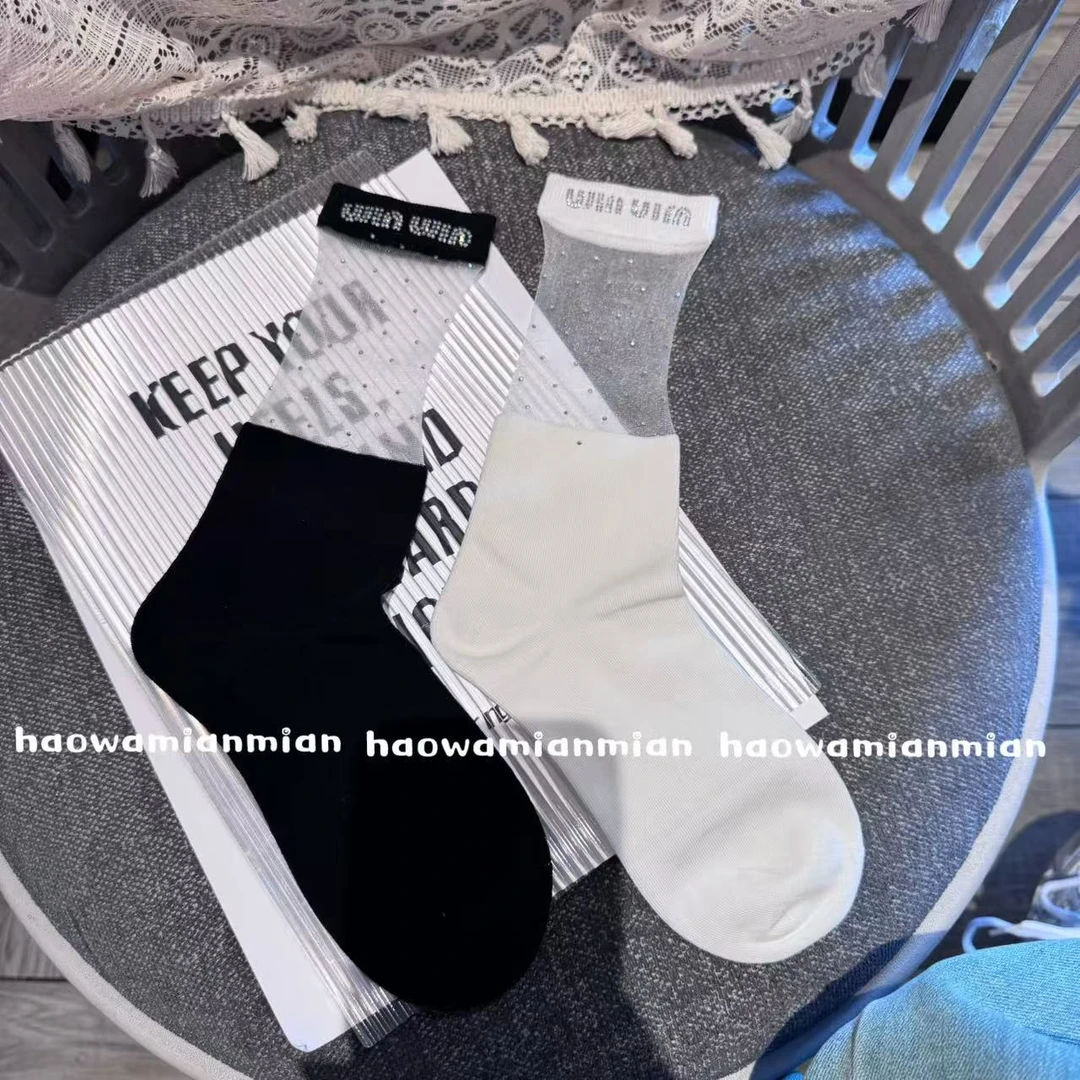 欧货袜子女中筒夏季拼接薄款欧根纱字母拼接百搭ins堆堆女袜
