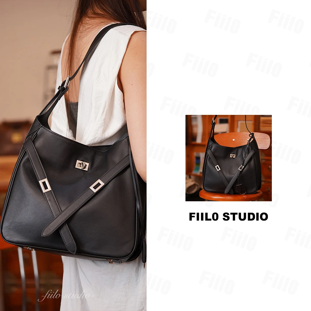 【Fiilo菲洛高奢】A08黑色银扣设计轻奢风真皮牛皮女士单肩斜挎包