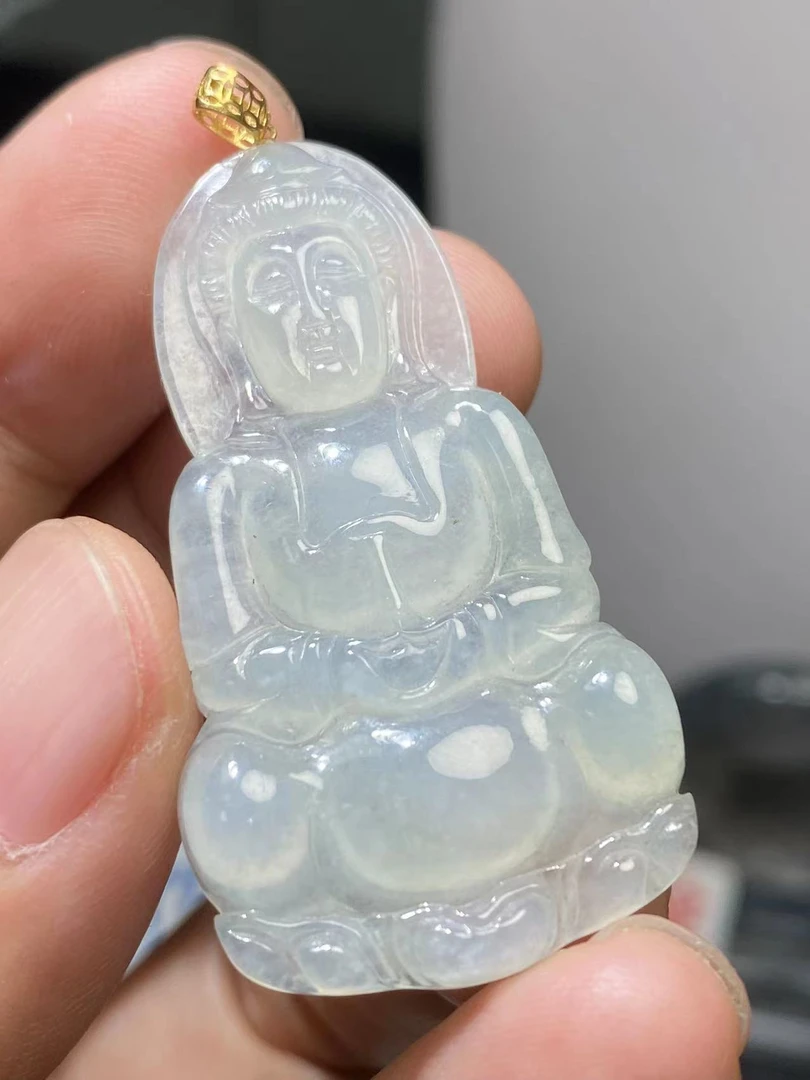 天然翡翠a货糯冰18k金扣头正装观音吊坠  46-26-5