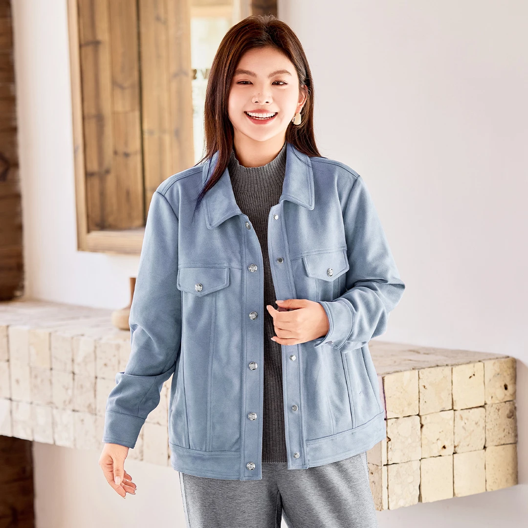 MsShe大码女装2025秋冬装复古空气层麂皮绒夹克翻领外套Q2509004