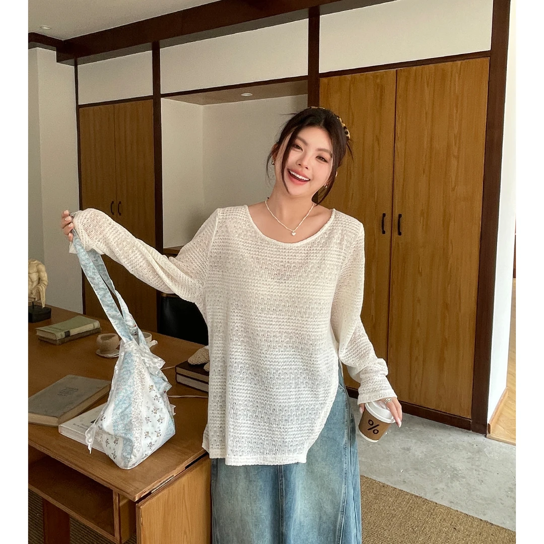 【现现专场】韩系chic别致穿搭白色针织镂空罩衫大码胖mm女装上衣