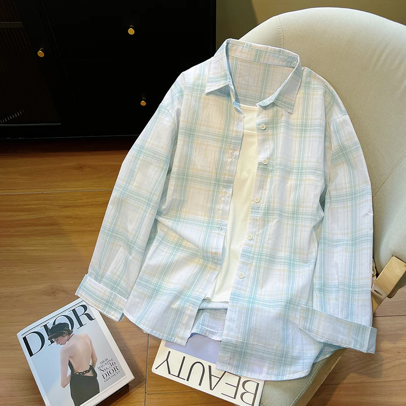 薄荷绿格子衬衫女春夏季2025新款薄款防晒长袖polo领温柔休闲衬衣