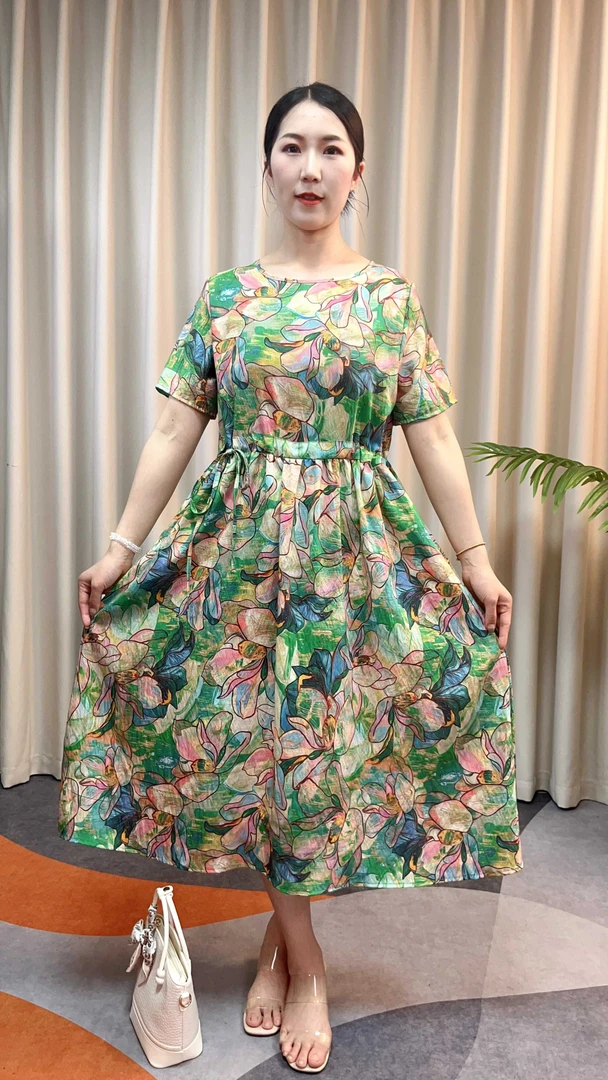092夏季新款中老年妈妈装时尚百搭A字大摆连衣裙