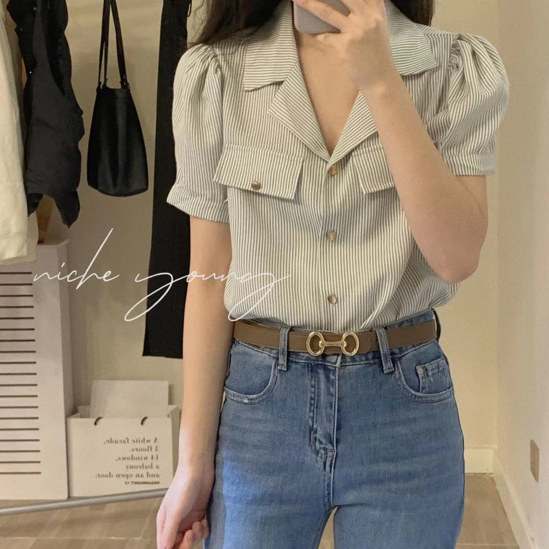 【Niche Young】波尔图画作条纹显瘦短款夏季衬衣N90270