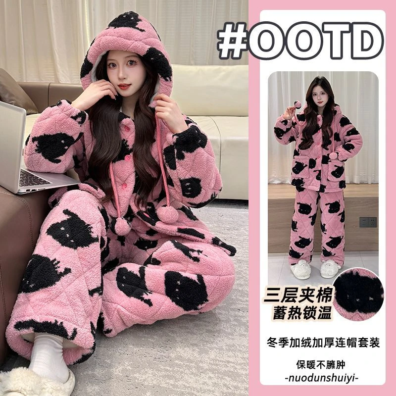三层夹棉加绒加厚2025冬季半边绒睡衣女珊瑚绒保暖连帽家居服外穿