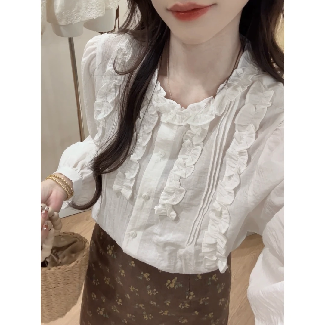 【五分糖】韩系木耳花边衬衫女百搭小衫