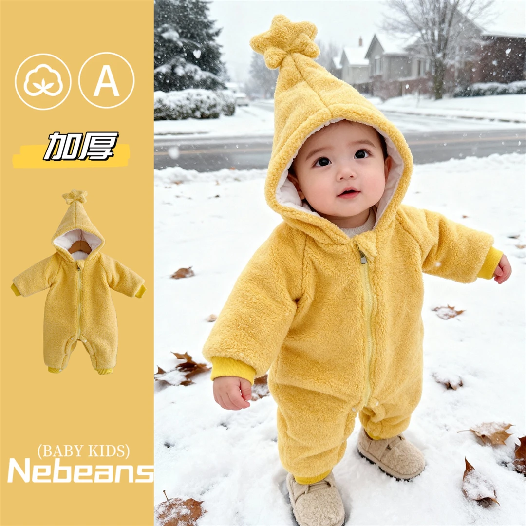 【加厚保暖】冬款男女婴幼儿哈衣连身衣外出服黄色星星人潮款爬服