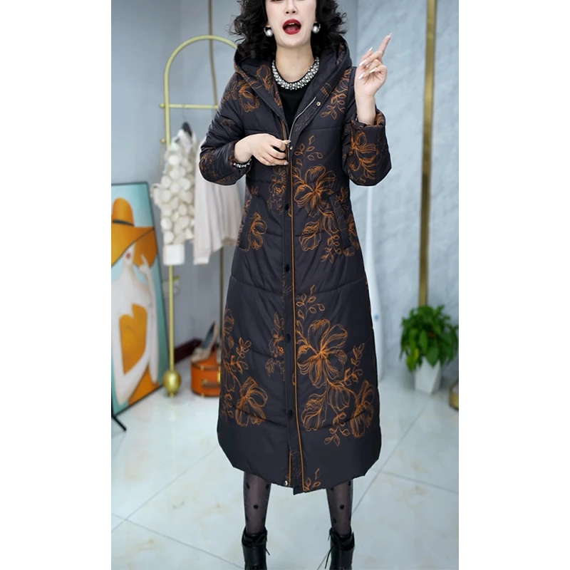 高档连帽加厚棉服女2025年冬季新款棉袄洋气保暖妈妈长款棉衣外套