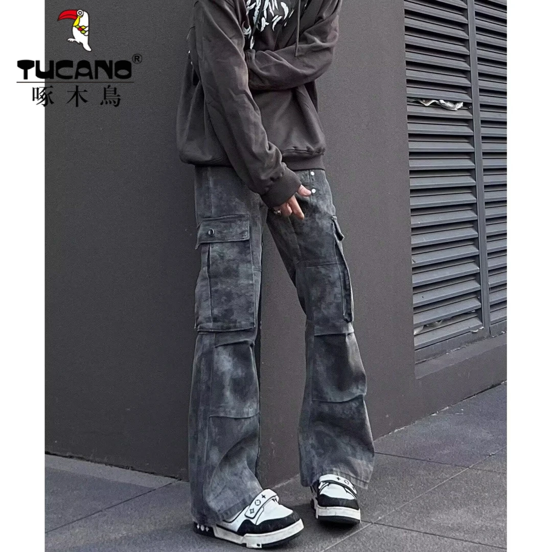 美式复古解构铆钉vibe修身微喇多口袋压褶工装裤牛仔裤