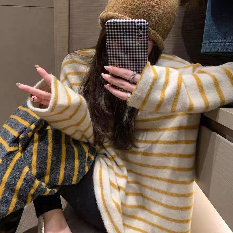 松弛感条纹长袖磨毛外穿秋冬新款打底衫加厚软糯t恤慵懒风上衣服