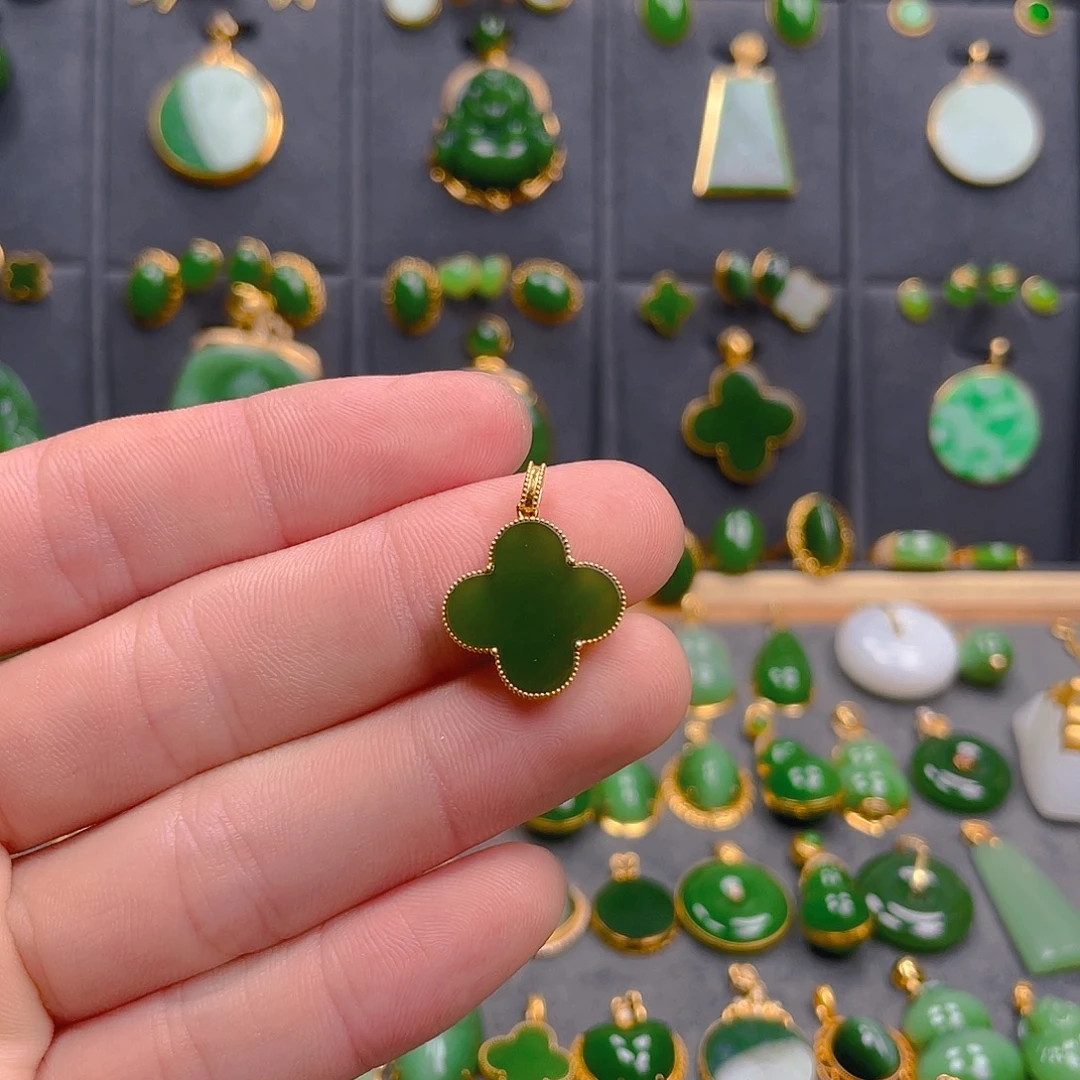 和田玉（碧玉）18K金镶嵌吊坠(不含链)