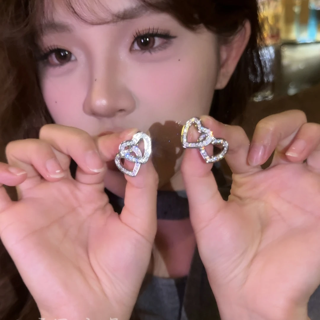 铜合金耳饰 双环爱心耳环小众设计感独特耳钉甜美风耳饰女