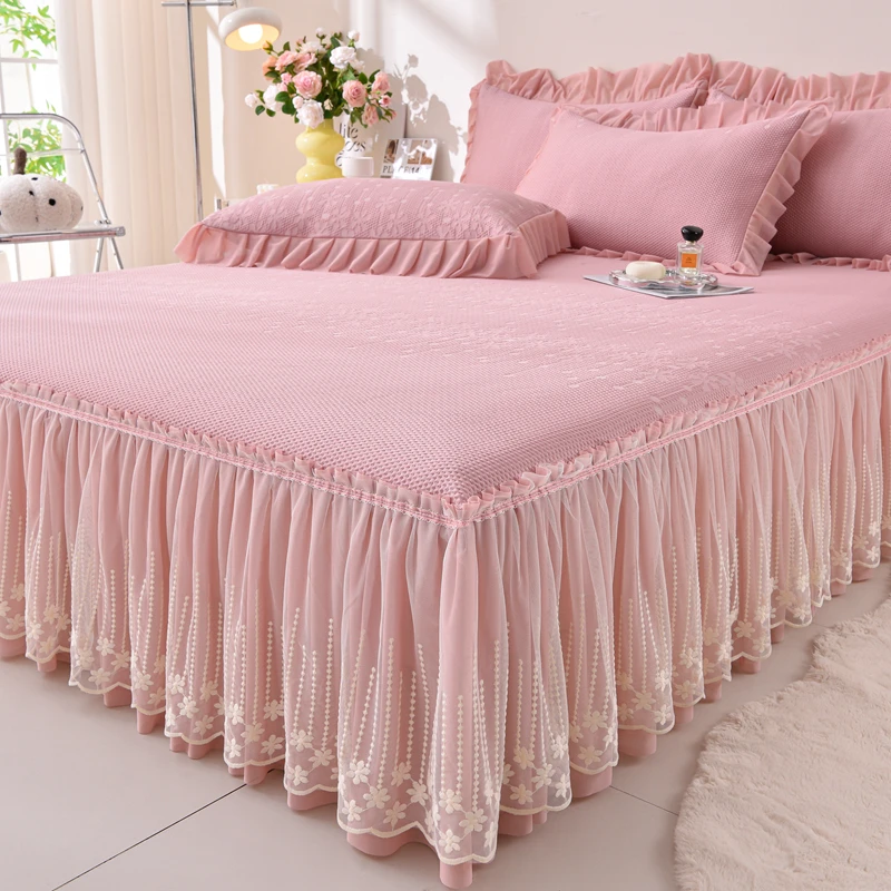 韩式高档凉感豆豆床裙款凉席三件套纯色防滑公主风席子裸睡空调席