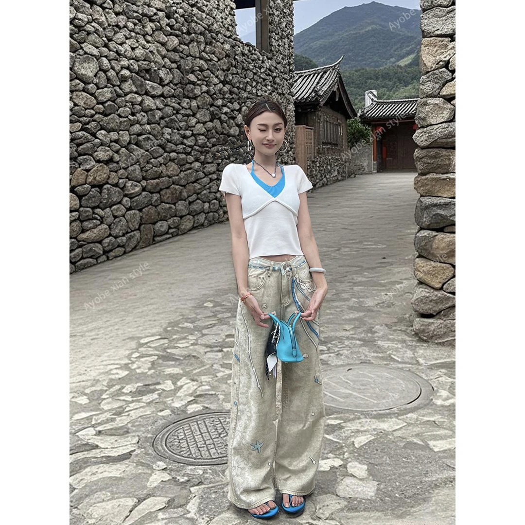 AYOBE小贤/简爱日记 韩系纯欲辣妹V领拼色挂脖上衣假两件T恤