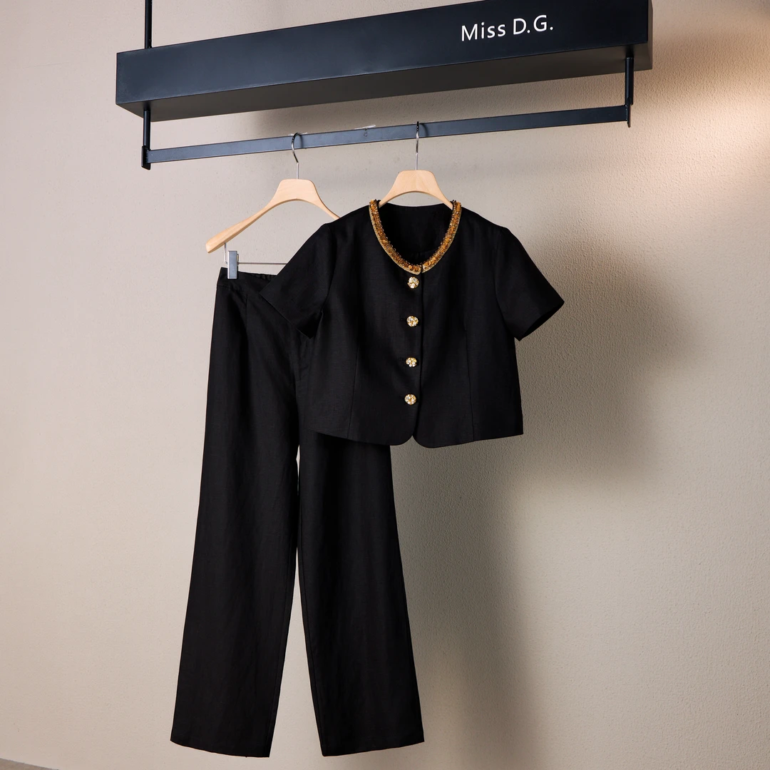 MissD.G.夏季轻薄亚麻显瘦休闲宽松小香风短袖长裤套装YA590