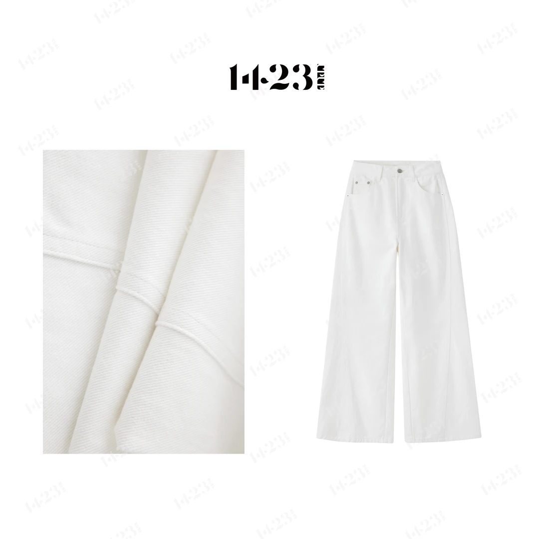 1423【实穿主义】简约百搭纯棉白色阔腿高腰垂感宽松显示牛仔裤