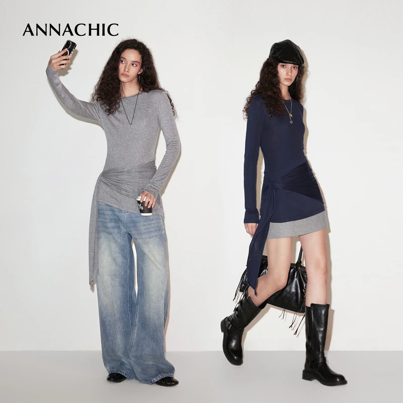 ANNACHIC博主造型/解构绑带_亲肤圆领长袖T恤女/时髦修身打底上衣