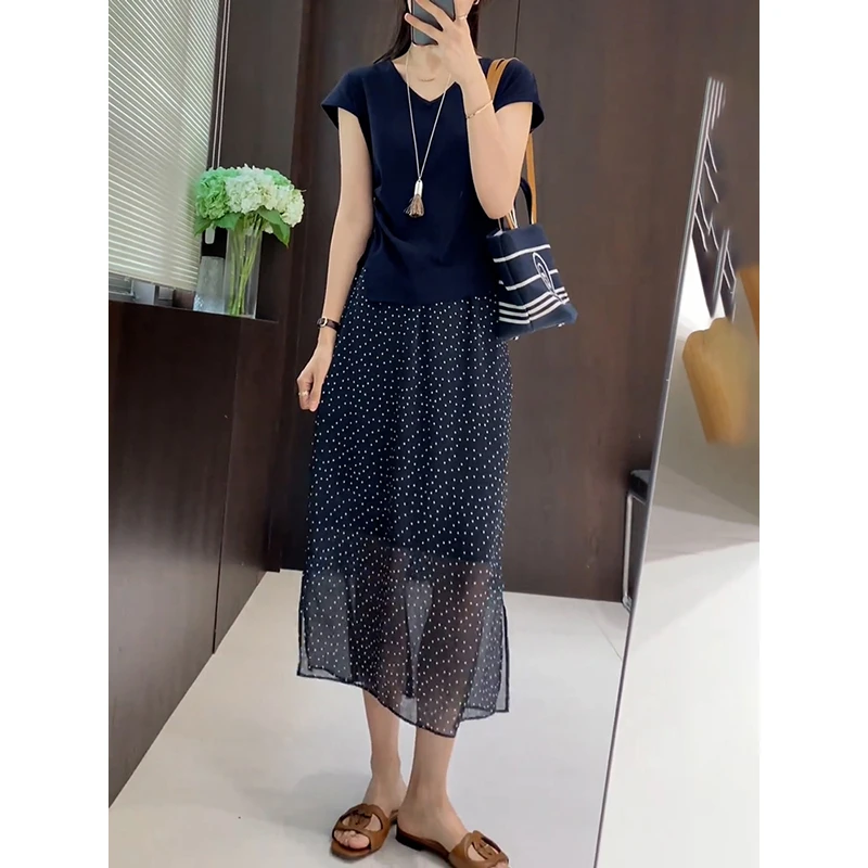 减龄度假风时尚套装女收腰显瘦抽绳设计小飞袖T恤网纱波点半身裙