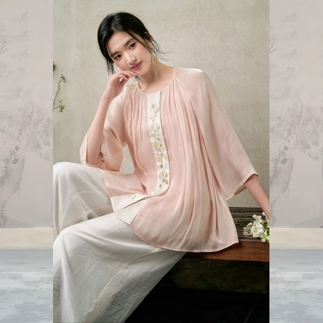 JKJS【桃绯】水光雪纺衬衫高级感轻奢减龄洋气新中式对襟刺绣上衣