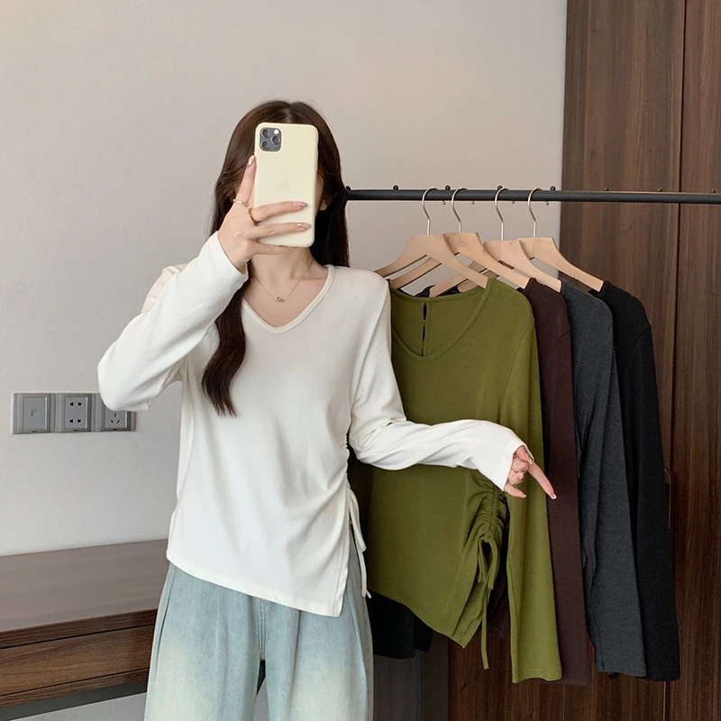 2025秋装新款胖mm大码女时尚设计感v领不规则抽绳长袖T恤36013