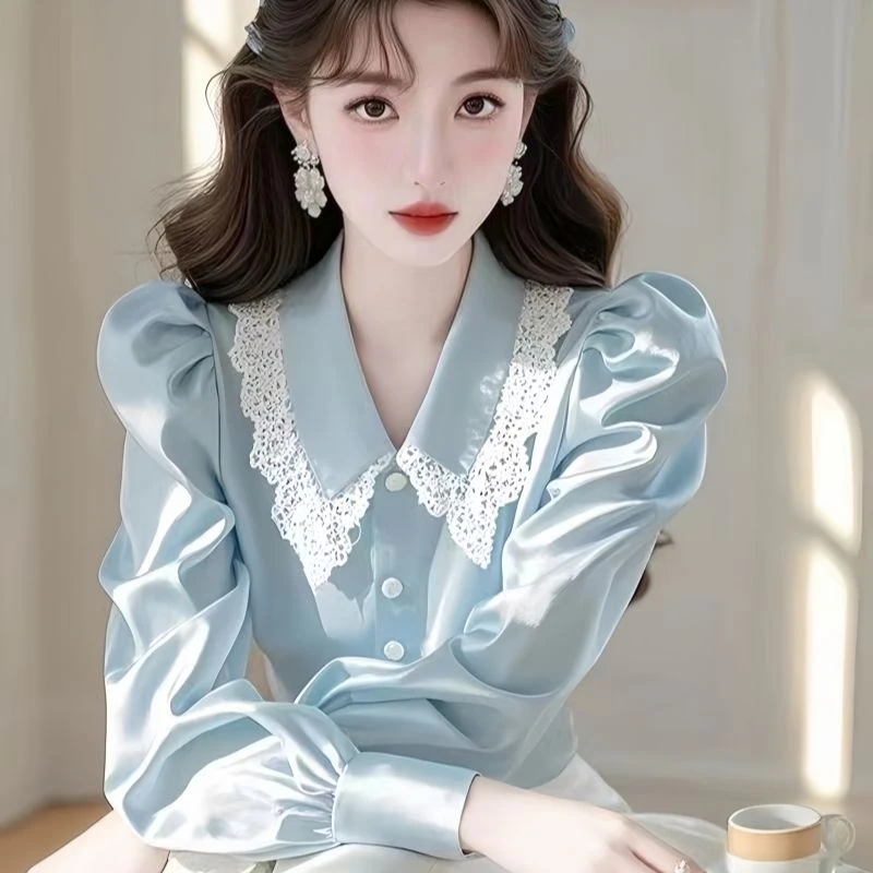 【现货＋运费险】法式减龄娃娃领缎面长袖衬衫女春装2025春季新款洋