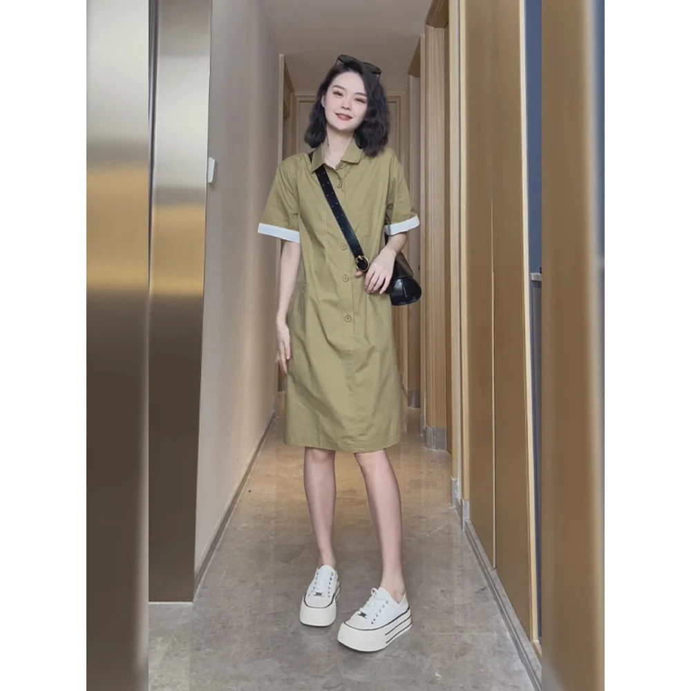 绿色衬衫连衣裙女夏季气质休闲学院风工装裙宽松显瘦直筒短袖裙子