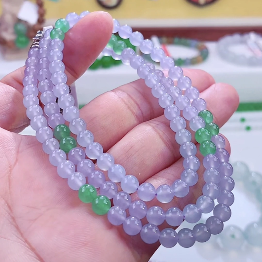 缅甸翡翠A货高冰紫春带彩圆珠翡翠项链卡5.1mm编号wv-10b76647
