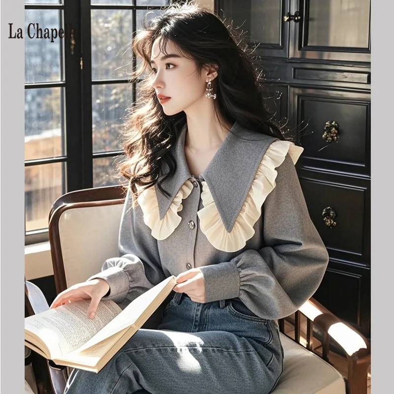 拉夏贝尔荷叶边娃娃领衬衫女今年爆款独特漂亮设计感高级灰色小衫