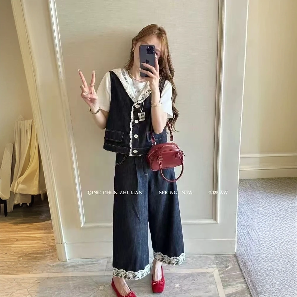 设计感蕾丝拼接连帽牛仔马夹+阔腿裤两件套女2025春夏新款套装潮