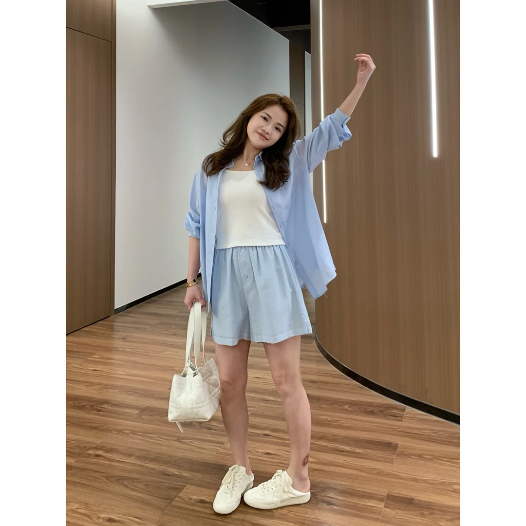 YO定制韩系休闲套装慵懒风亚麻刺绣衬衫百搭显瘦松紧腰短裤两件套