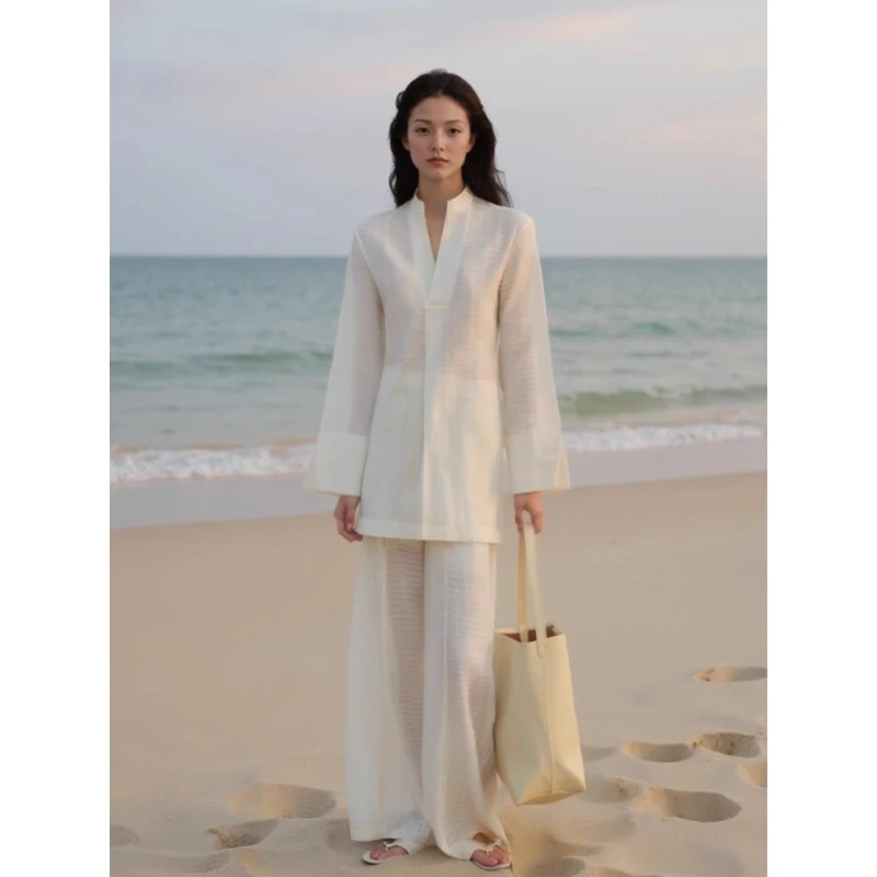 COMMON VALUE「 禅 Pāra 」白蝉翼V领褶裥长衬衫 薄款中式禅意纯色