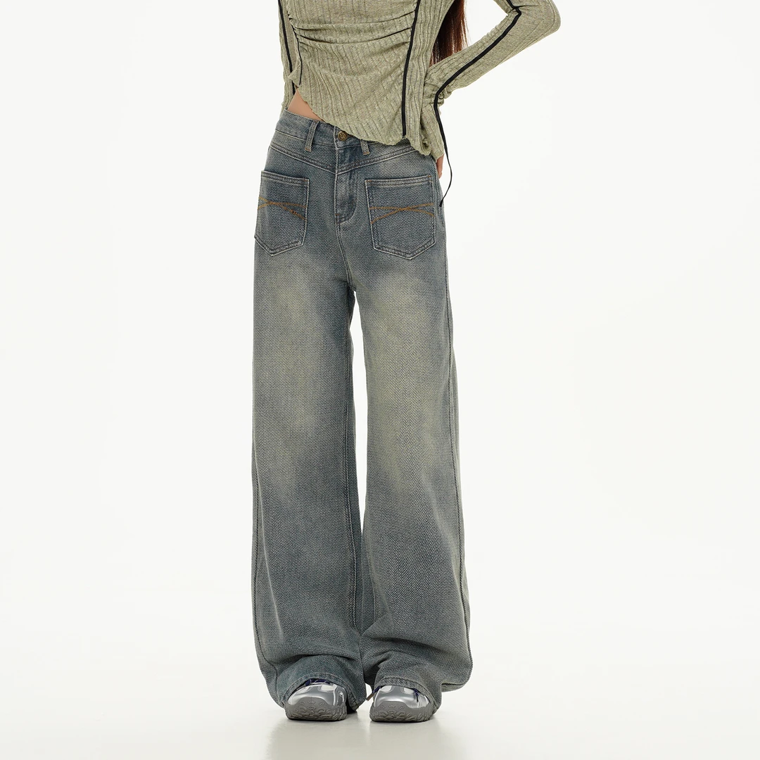 2024新款星空纹双口袋牛仔裤高街潮阔腿裤时尚欧美炸街网红小个子