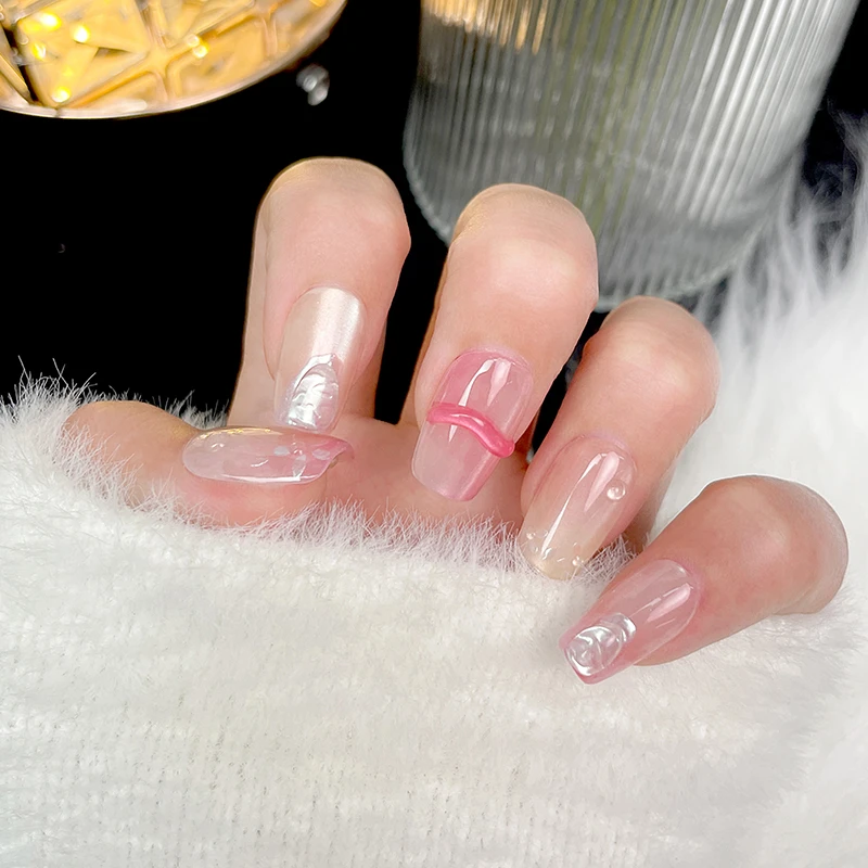 0110 手工定制冰透裸色长款闪钻穿戴甲高级显白美甲贴片