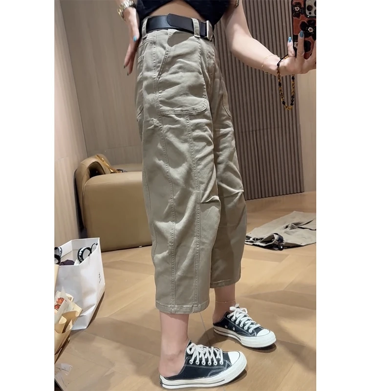 2025秋季新款八分牛仔弯刀裤女显瘦洋气哈伦裤大码遮肉工装老爹裤