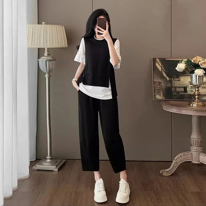 休闲时尚套装女2025夏季新款洋气运动假两件短袖七分裤子两件套潮
