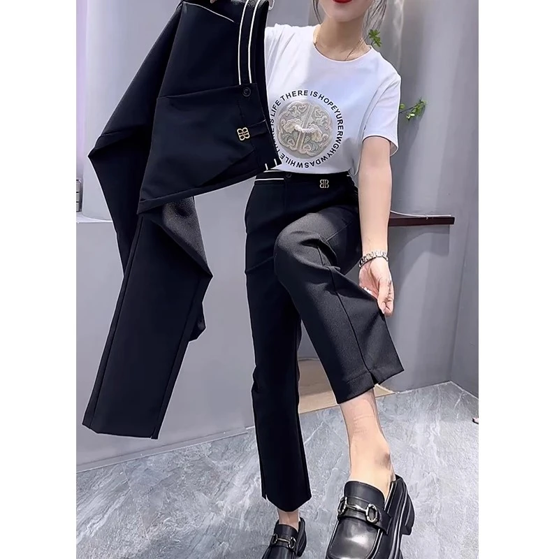 小个子大码弹力休闲裤女2025早秋新款高腰显瘦黑色九分直筒烟管裤