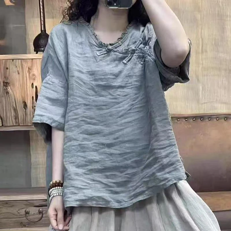 2025年夏季新款复古盘扣棉麻短袖衬衫女宽松休闲百搭套头衬衣茶服