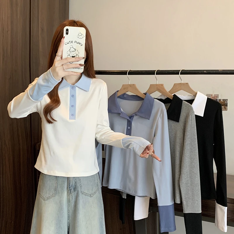 超显瘦产后辣妈哺乳上衣polo领时尚撞色长袖内搭喂奶上衣遮肉大码