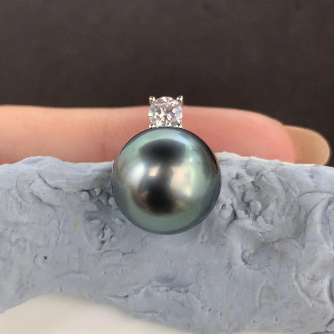 定制海水珍珠银S925镶嵌吊坠(不含链)大溪地天空蓝11.9mm正圆微瑕