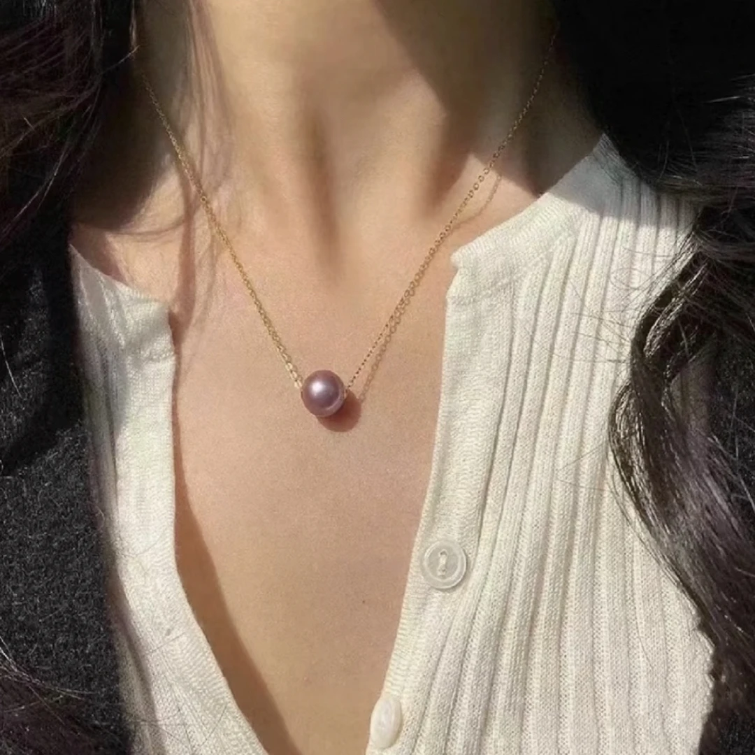 天然淡水珍珠10-11mm18K金正圆极光紫珠路路通吊坠D676