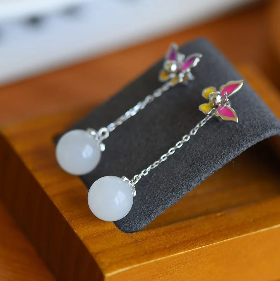 和田玉白玉珠蝴蝶珐琅银耳环温润细腻小众轻奢气质百搭